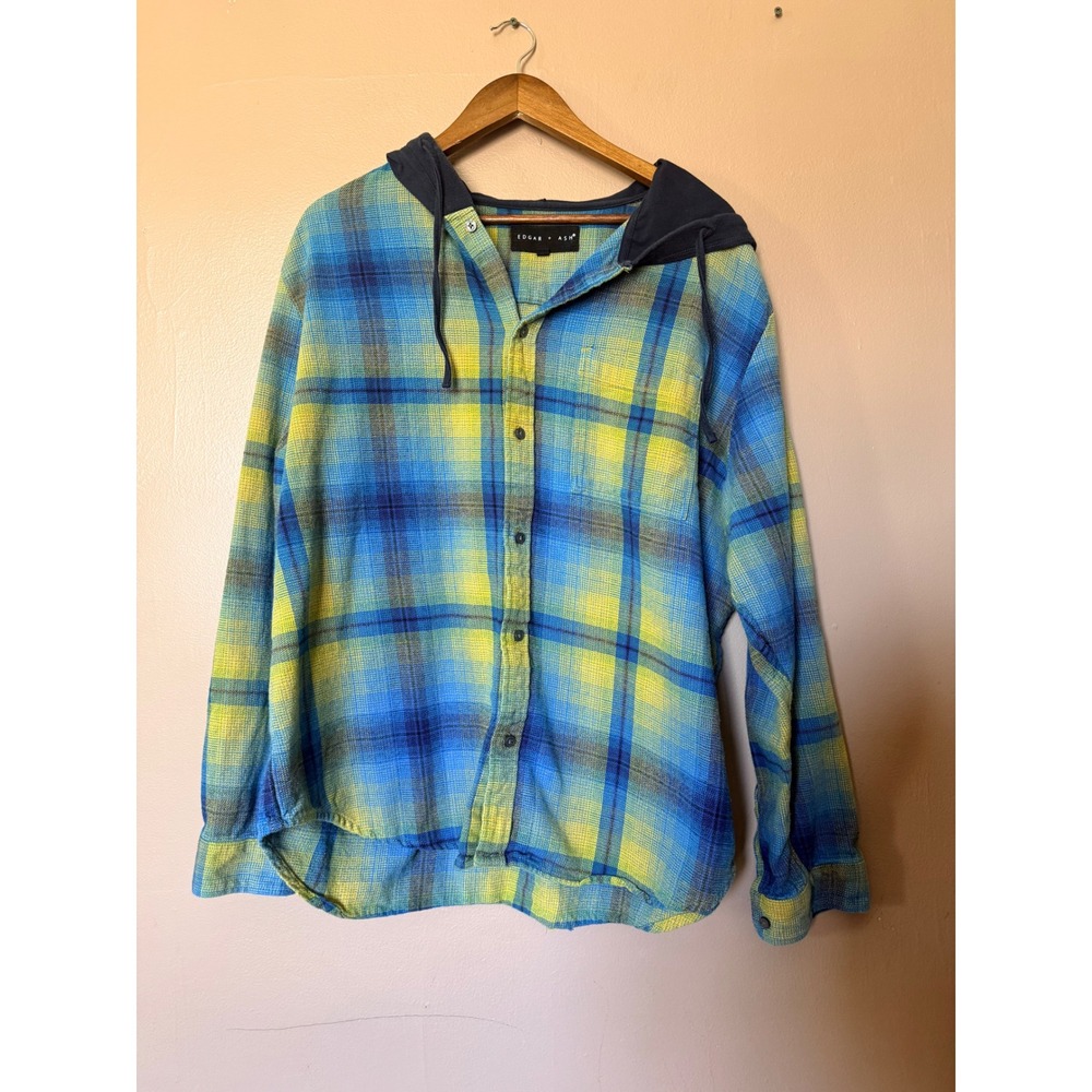 Edgar Ash 2XL Blue Yellow Plaid Hooded Flannel Shirt Button Down Cotton Blend